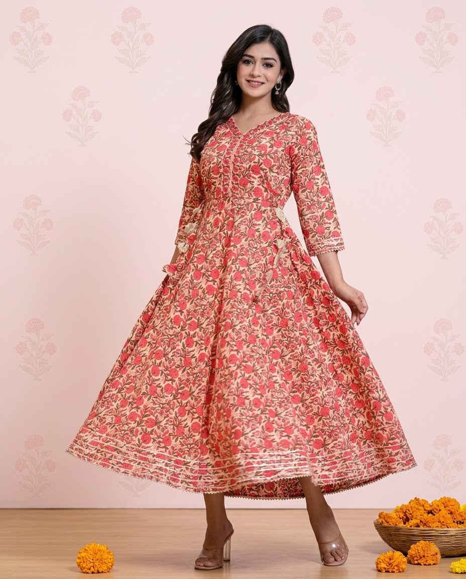 Cotton Printed Anarkali Kurti for Women (Red, M)