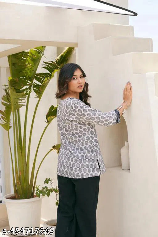 Stylish White Hand Block Print Cotton Kurti for Women – Daily & Casual Wear