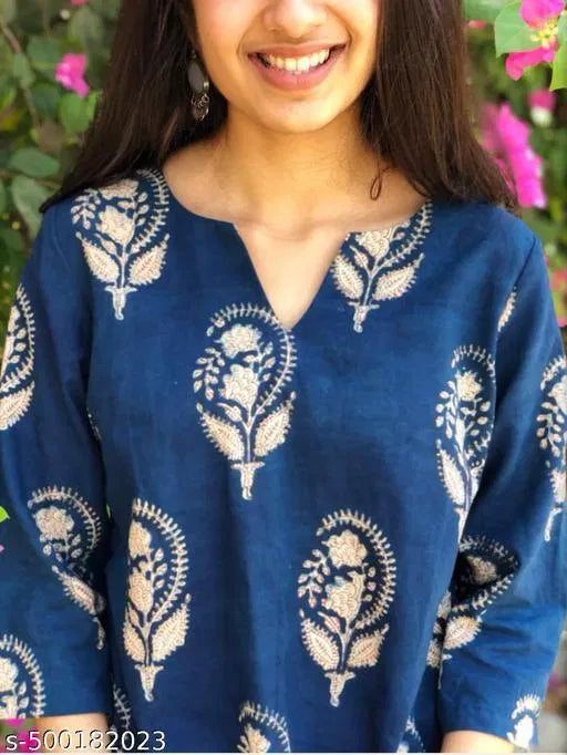 Trendy Blue Block Print Rayon Kurti for Women β Stylish Casual & Daily Wear Kurti