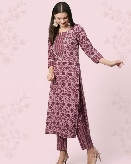 Floral Printed Women Cotton Women Kurta With Pant (2 Psc Set)