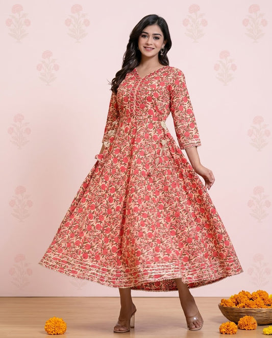 Cotton Printed Anarkali Kurti for Women (Red, M)