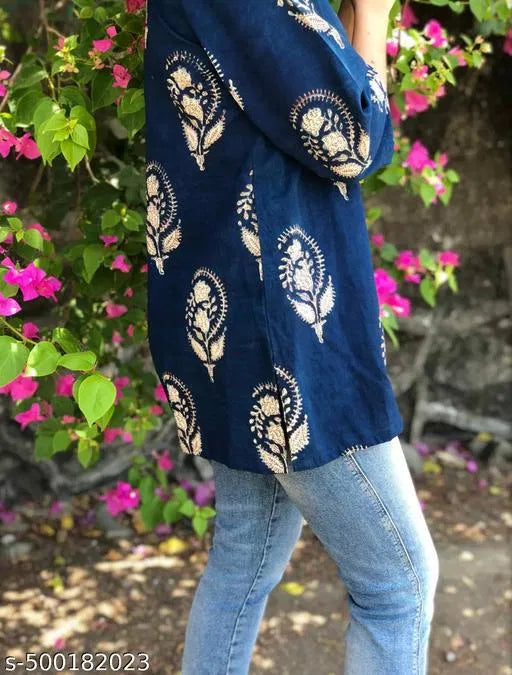 Trendy Blue Block Print Rayon Kurti for Women – Stylish Casual & Daily Wear Kurti