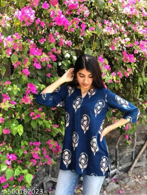 Trendy Blue Block Print Rayon Kurti for Women – Stylish Casual & Daily Wear Kurti