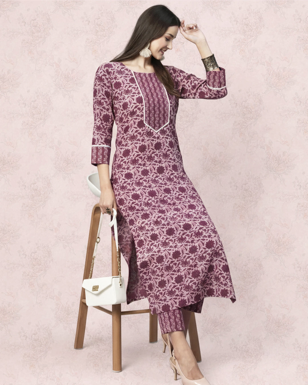 Floral Printed Women Cotton Women Kurta With Pant (2 Psc Set)
