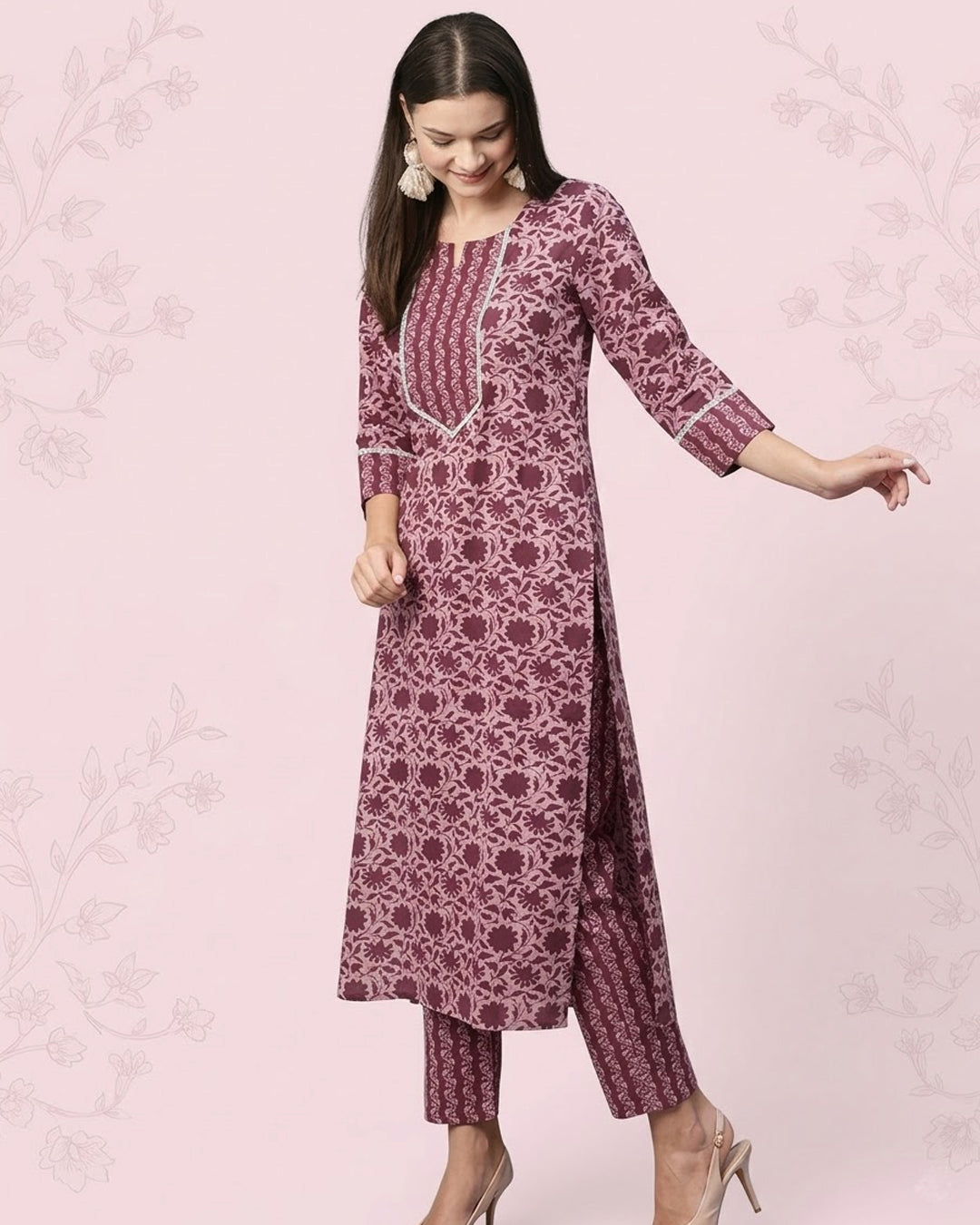Floral Printed Women Cotton Women Kurta With Pant (2 Psc Set)