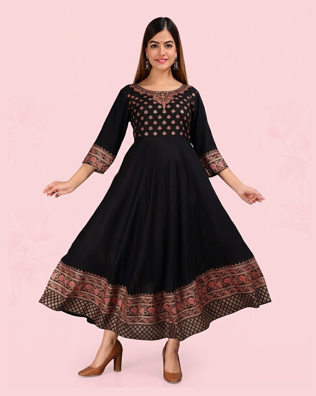 Rayon Printed Anarkali Kurti for Women (Black, S)