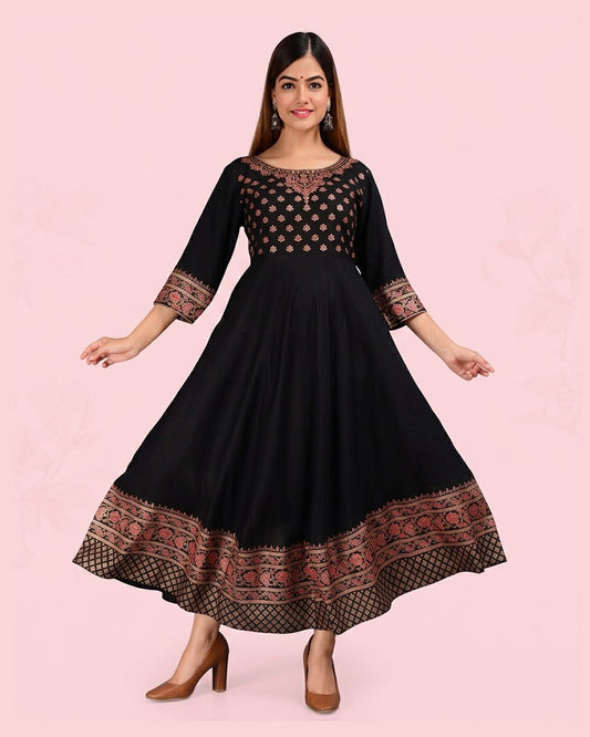 Rayon Printed Anarkali Kurti for Women (Black, S)