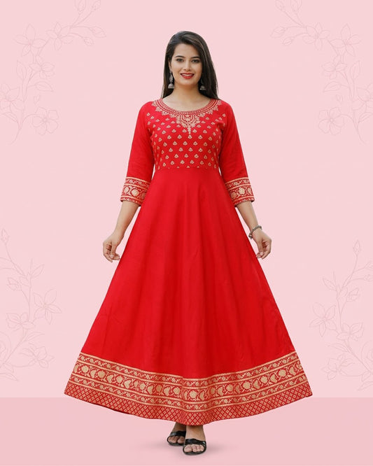 Rayon Printed Anarkali Kurti for Women (Red, S)